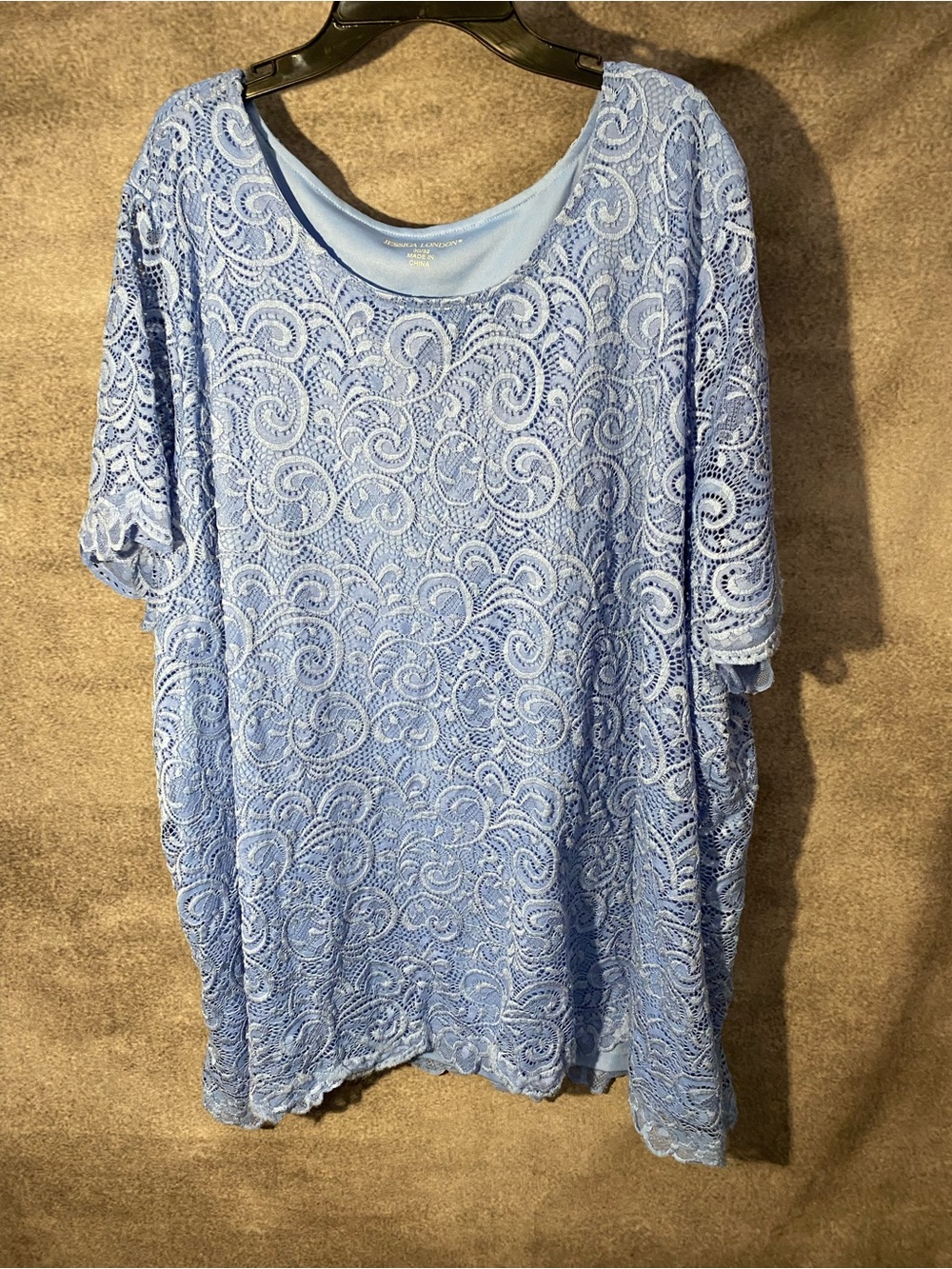 Jessica London Size 30/32 Light Blue Lace Overlay Short Sleeve Top Blouse Plus